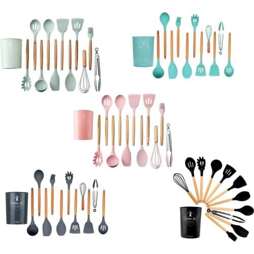 Food Grade Silicone Set of 11 Cooking Utensils Wooden Handle Turner Tongs Spatula Spoon Kitchen Cooking Helper