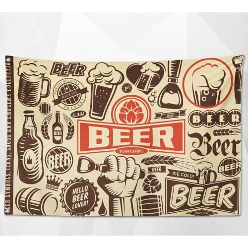 BEER DESING ELEMENTS Shabby Retro Banner Wall Art Bar Winery Home Decor Beer Day Poster Hanging Chart Flag with 4 Metal Grommets
