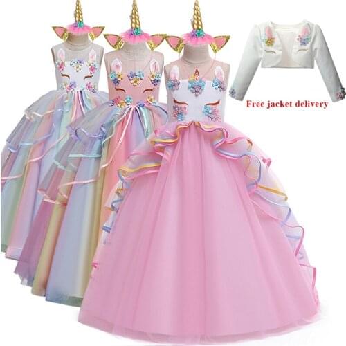 Flower Girl Wedding Party Dress Unicorn Rainbow Princess Dress Baby Girl Birthday Colorful Dance Performance Dress Set 3-14 Year