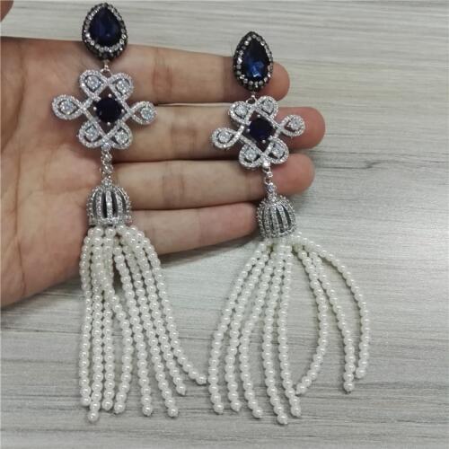 Luxury Bohemia Boho 8 Rows Pearl Beads Tassel Cz Zircon Dark Blue Crystal Bird Cage Knot Long Dangle Earring For Women Wedding