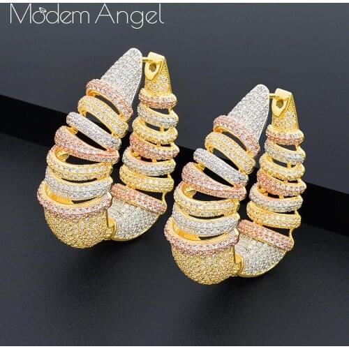 ModemAngel 51mm Luxury Hollow Leaf Cubic Zircon Statement Big Hoops Earrings For Women Wedding DUBAI Bridal Round Circle Hoop Ea