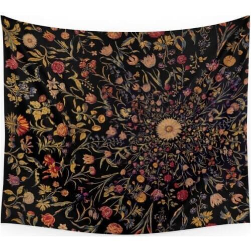Medieval Flowers On Black Tapestry Wall Hanging Polyester Home Bedroom Decor Bedspread Beach Mat Blanket Yoga Mat Dorm Decor