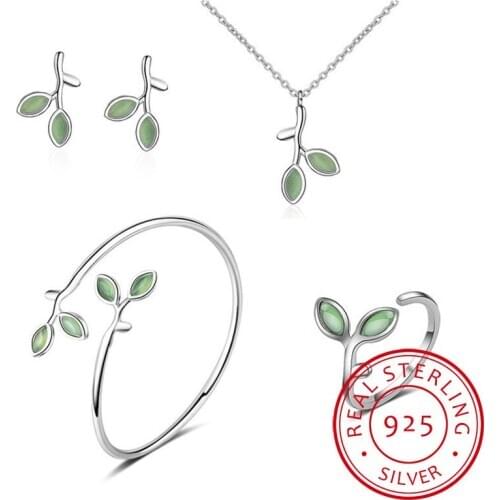 925 Sterling Silver Jewelry Sets Opal Leaf Bud Earrings+Ring+Necklace+Bangle For Women Summer Jewelry