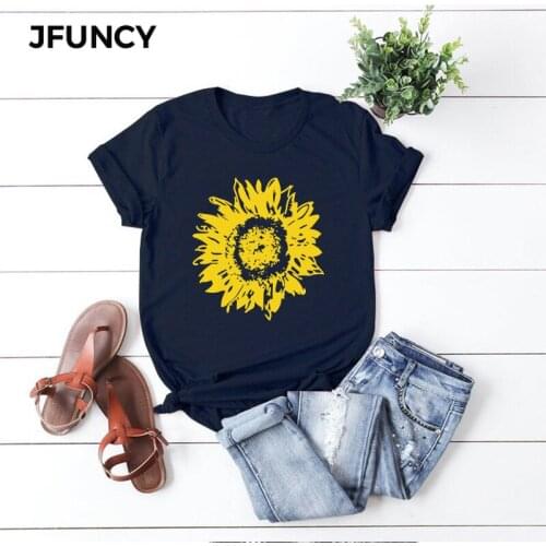 JFUNCY Sunflower Printed Women T-shirt Summer Tshirt Plus Size 100% Cotton T Shirt Woman Short Sleeve Tee Top Female T-shirts