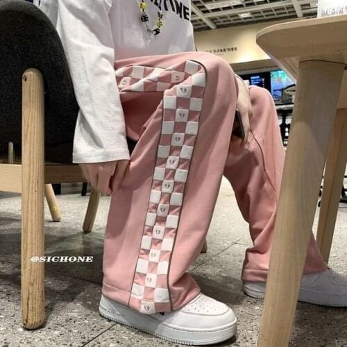 HOUZHOU Korean Fashion Pink Plaid Pants Women Joggers Sweatpants Harajuku Jogging Oversize Black Wide Leg Checked Trousers