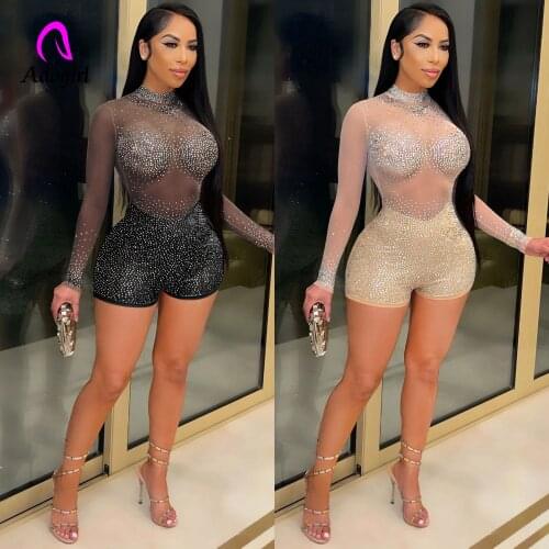 Crystal Sequined Women Rompers Long Sleeve Turtleneck Skinny Playsuits 2021 Autumn Sexy Sheer Mesh Night Club Party One Pieces