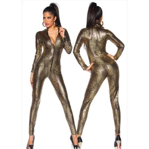 Womens Sexy Snake Print Faux Leather Latex Catsuit Costumes Zipper Front For Clubwear Stripper Halloween Party Fancy Dress