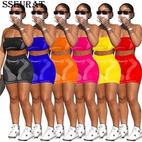 SSEURAT 2021 Women Two Pieces Sets Summer Tracksuits Strapless Tee +Jogger Shorts Leggings Sexy Suit Fitness Outfit