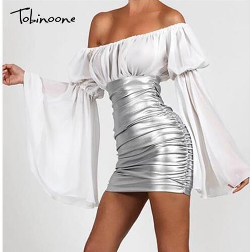 Tobinoone Sexy off shoulder short party dress Women Flare Sleeve Sheath mini dress Silver Sexy Club Wear ladies streetwear dress