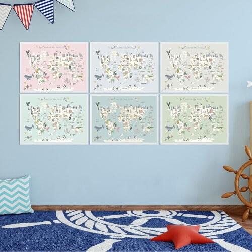 Animal World Map Nursery Wall Art Canvas Painting Scandinavian Posters and Prints Cute Cartoon Animals Pictures Kids Room Decor