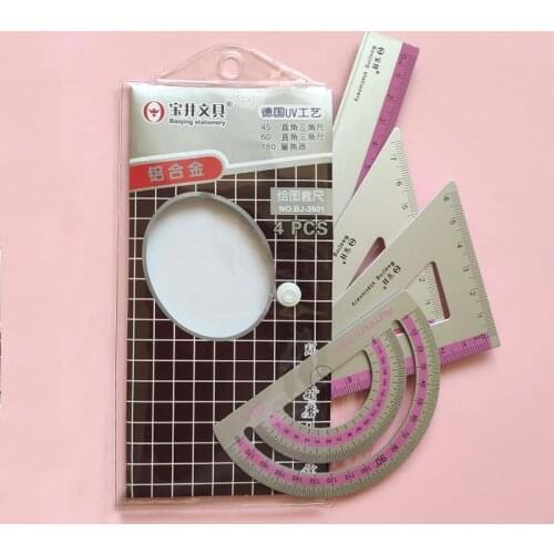 4PCS/Set Creative Aluminum Alloy Ruler Set Drawing Tools Measurement TriangleRuler straightedge Protractor School Office Supply