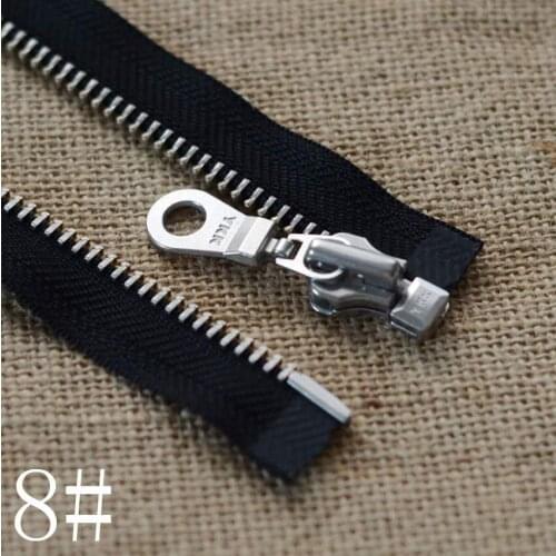 8. White copper, single end, open tail, YKK metal zipper, garment, cardigan, front front