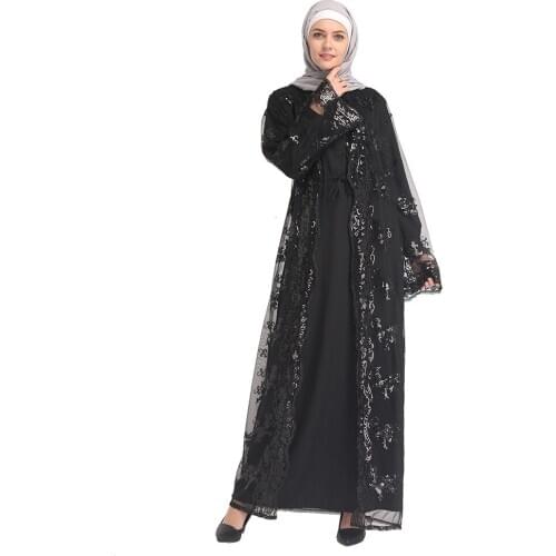 Abaya Muslim Women Cardigan Long Maxi Dress Open Front Robe Kaftan Dubai Jilbab Sequin Lace Embroidery Islamic Kimono Turkey Mid
