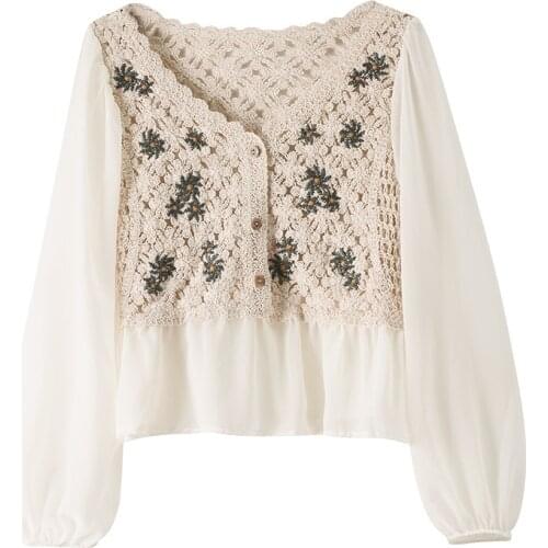 2021Spring and Autumn new French retro temperament hook flower hollow-out Daisy embroidered loose V-neck chiffon blouse blouse