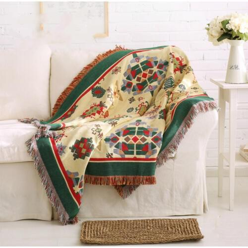 Bohemian Style Decorative Carpet / Sofa Towel / Pastoral Style Double-knit Fabric Slip Thick Cotton Clothe Craft Geometric Color