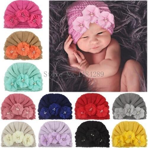 Baby Accessories Clothing Infant Baby Girl Boy Winter Beanie Flower Warm Cap Crochet Knitted Pearls Hat Turban Kids Accessories