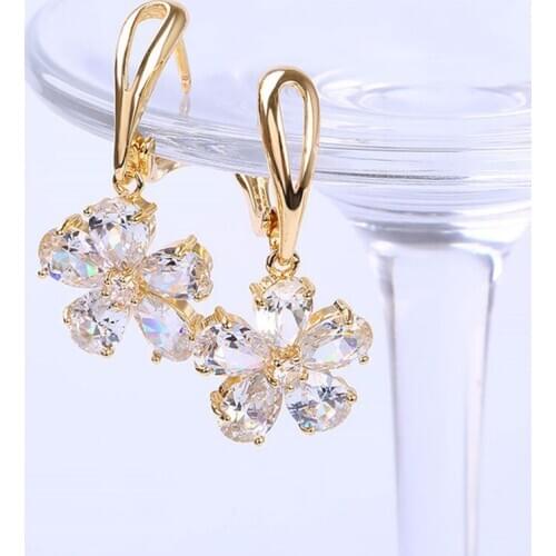 HUAMI New 18K Gold Drop Earings Five Flower Jewelry Two Color AAA Zircon Long-lasting Color Gift For Sister Bizuteria Damska