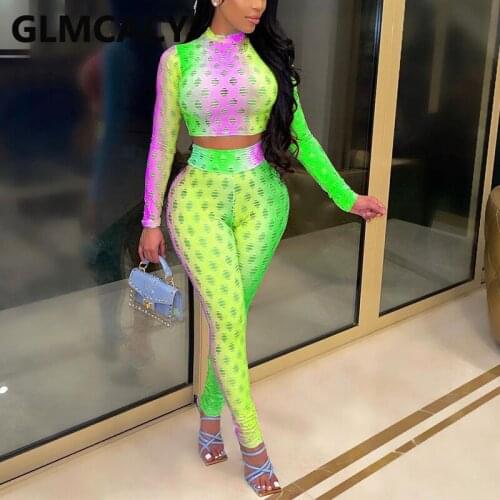 Two Piece Hollow Out Suits Long Sleeve Crop Top & Skinny Pants Set Party Clubwear