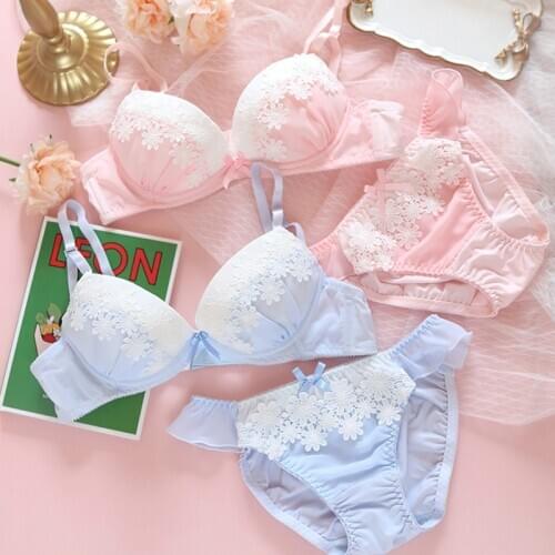 Cute Sweet Flower Bra & Panties Set Underwire Soft Underwear Sleep Intimates Set Kawaii Lolita Lace
