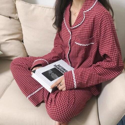QWEEK Korean Sleepwear Plaid Pajama Set Women Vintage Pyjamas Femme Lace Pijamas Long Sleeve Nightwear Autumn 2021 Loungewear Pj