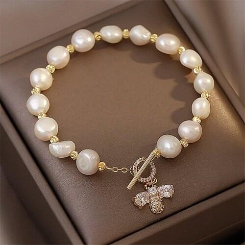 Kpop Fashion Jewelry High-end Natural Baroque Shaped Freshwater Pearl Bracelet Micro-inlaid Bee Design Luxury Bracelet for Women