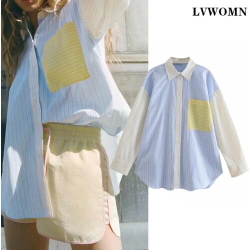 LVWOMN Za Women Blouse Top 2021 Spring Summer Patchwork Striped Poplin Shirt Loose Long Sleeve Plus Size Women Clothing Pocket