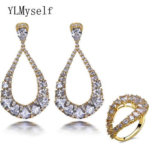 Latest design Brazilian gold color jewelry sets for women Big earrings ring bisuteria Large 2pcs bride fashion earring set