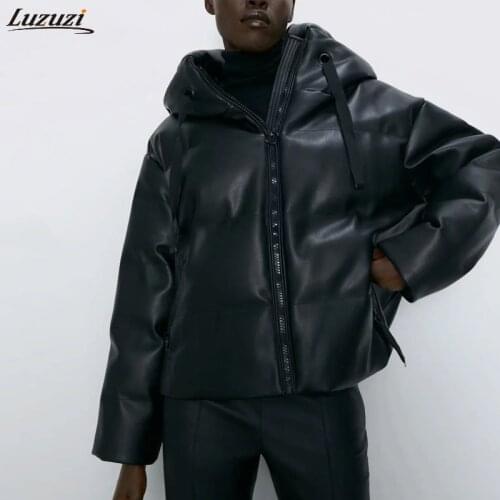 Luzuzi PU Leather Parkas Women Fashion Hooded Faux Leather Coats Women Elegant Zipper Cotton Jackets Female Ladies IT