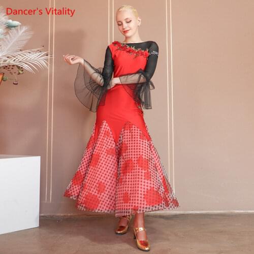 Ballroom Dance Dress Mesh Fishtail Skirt Flared Sleeves Performance Clothes Adult National Standard Dancing Competition Clothing