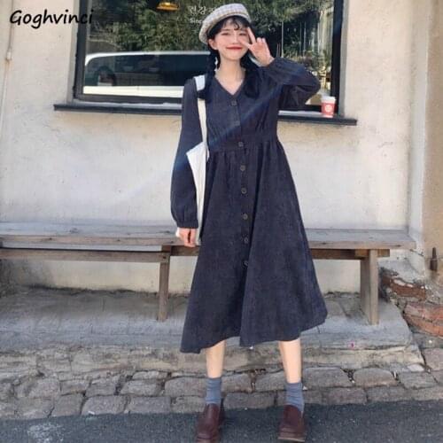 Long Sleeve Dress Women Solid Corduroy High Waist V-Neck Leisure Single Breasted Retro French Girls Preppy Style Students Cute
