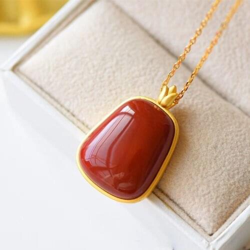 Natural South Red Agate Pendant S925 Silver Gold-plated Frosted Inlaid High Quality Full Color Flesh South Red Pendant Neckl