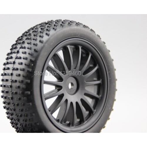 Pre-Glued 4pcs 1/10 Buggy Tires Tyre Twin 15 spoke 15% Reinforced Nylon Black Wheel Rim fits for 1:10 4WD Buggy Car 1/10 Tire