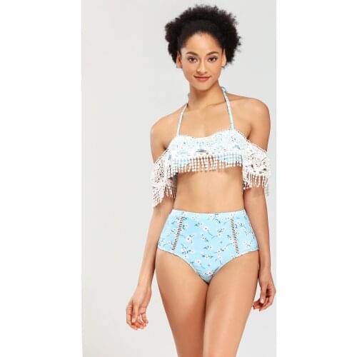 Real Shot Foreign Trade New Style Womens Split Bikini High Waist Stitching Lace Swimsuit