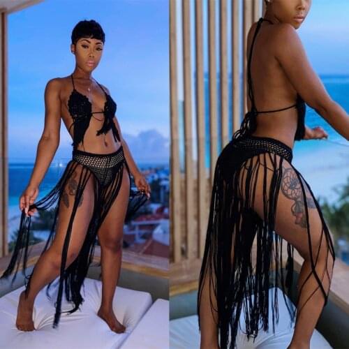 Sexy Knit Beach Womens Set Halter Crop Tops and Tassel Splicing Panties Crochet Matching Two Piece Set
