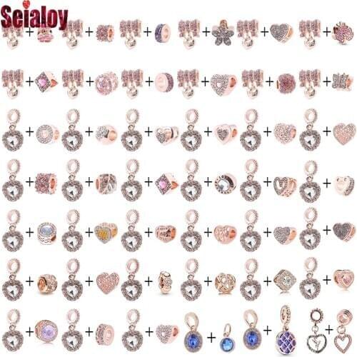 Seialoy Shiny Crystal Heart Beads Rose Gold Bow Love Dangle Charm Fit Original Bracelets For Women Diy Jewelry Accessories