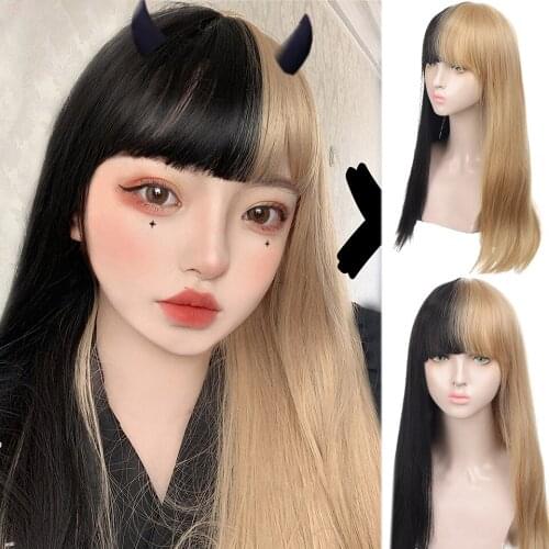 CTRLALT Synthetic Long Straight Kawaii Lolita Wig with bangs Heat Resistant Fiber Cosplay Wigs for women Daily Natural wigs