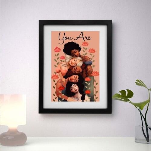 You Are Enough Art Vertical Canvas Paintings, African American Wall Picture,Girl and Flowers Poster, Living Room Decor