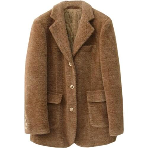 PERHAPS U Women Solid Flocking Blazer High Street Pocket Single-breasted Notch Collar Pink Blue Brown Autumn Spring C0372