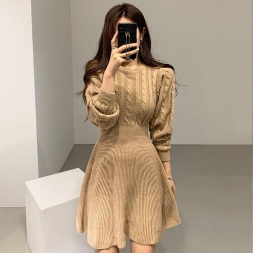2020 New French Medium Length Knitting Dress, Autumn and Winter Leisure Retro Temperament Goddess Long Sleeve Sweater Dress