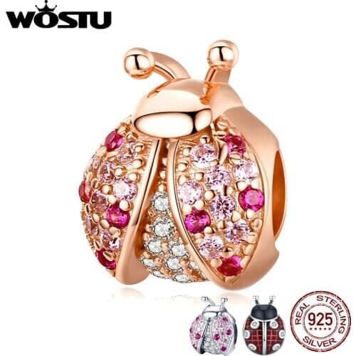 WOSTU 925 Sterling Silver Ladybug Charms Rose Gold Pink Zircon Beads Fit Original Bracelets Pendant Wedding Jewelry CQC1120-C