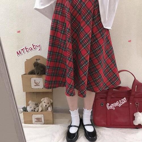 Christmas Plaid Skirts Women Spring Autumn New High Waist Red Skirts Female Sweet Korean Loose Long Skirt