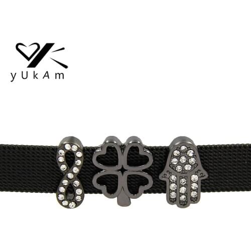 YUKAM Gun Black Fatima Hamsa Hand Infinity Four Leaf Clover Slide Charms Keeper for Stainless Steel Mesh Bracelet Jewelry Making