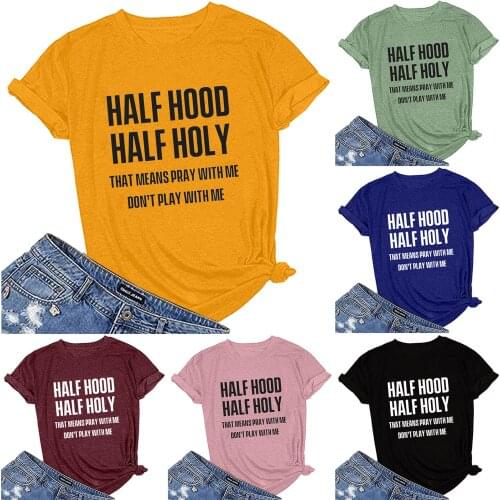 Women Fashion Casual Round Neck Short Sleeve T-Shirt Solid Color Personalized Text Printing Daily All-match Loose Shirt