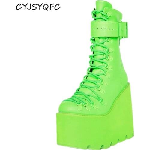 CYJSYQFC Autumn Winter Green Platform Womens Boots Buckle Strap Lace Up Wedges Lady Ankle Boots Punk Street Cool Demonia Shoes