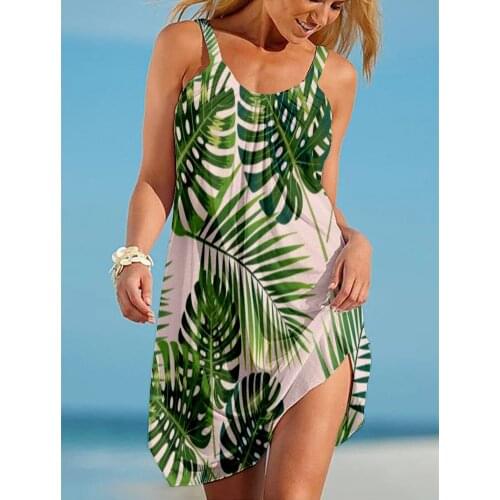 Hot Summer Boho Sexy Beach Dress Leaves 3D Print Women Sleeveless Dresses Hawaii Casual Vintage Beachwear Girl Loose Night Dress