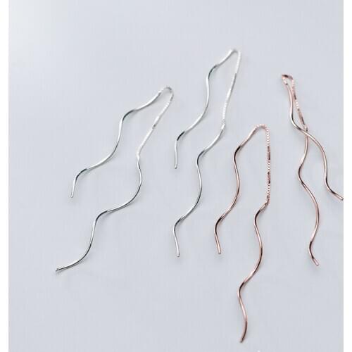 100% Real 925 Sterling Silver Wave Shape Pull Through Threader Earrings Simple Spiral Drop Earring Fine Jewelry for Women