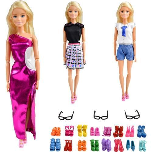 9 Item/Set Doll Accessories=3 Pcs Beautiful Clothes Dress+ 3 Pcs Glasses + Random 3 Pairs Shoes for Doll Accessories Girl Toys