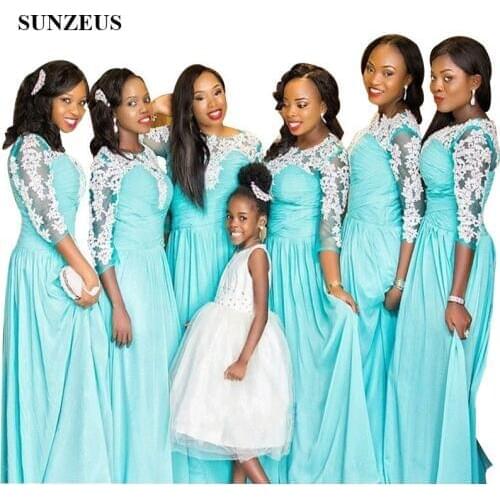 Turquoise Chiffon Bridesmaid Dress For Wedding Ivory Appliques Three Quarter Sleeves Party Gowns Long Women Guest Dress