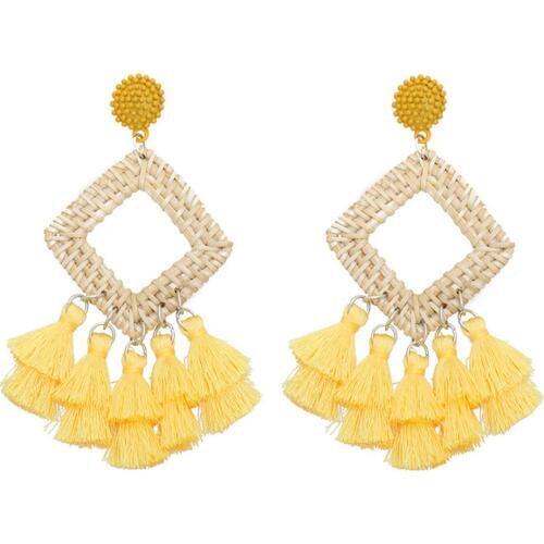 Bohemia Geometric Square Hand Woven Tassel Pendant Dangle Ear Stud Earrings Gift punk