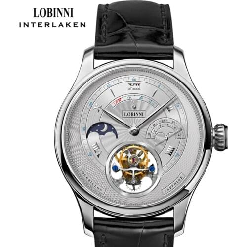 LOBINNI Brand Real Tourbillon Mechanical Men Wristwatches Genuine Leather Strap Skeleton Male Watch Waterproof 50M Male clock